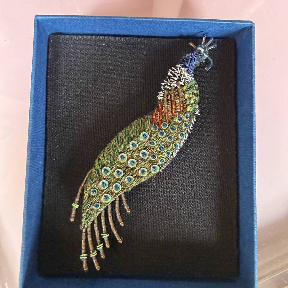 NEW TROVELORE indian peacock brooch in green multi